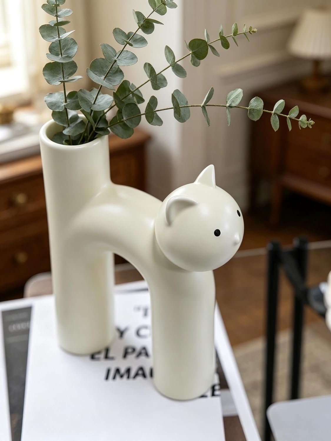 GeLive Cream White Cat Ceramic Vase, Minimalist Cute Kitty Flower Vase for Home Decor, Modern Boho Decorative Vase for Living Room, Bedroom, Office, Ideal Gift for Cat Lovers