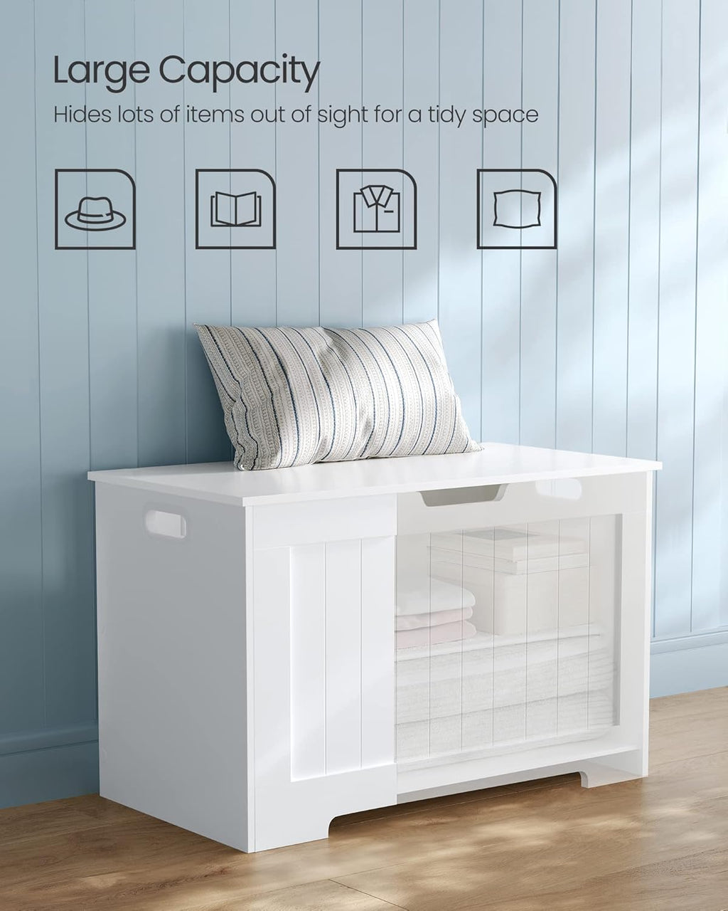 VASAGLE Storage Chest, 29.9 Inches Width Storage Bench, Entryway Bench with 2 Safety Hinges, Shoe Bench, Farmhouse Style, for Entryway, Bedroom, Living Room, Cloud White ULHS11WT