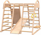 Indoor Playground 7 in 1 Jungle Gym Playset for 2 6yrs Slide, Climbing Wall, Rope Wall Climber, Monkey Bars, Swing Waldorf and Montessori Style Wooden Climb Set.