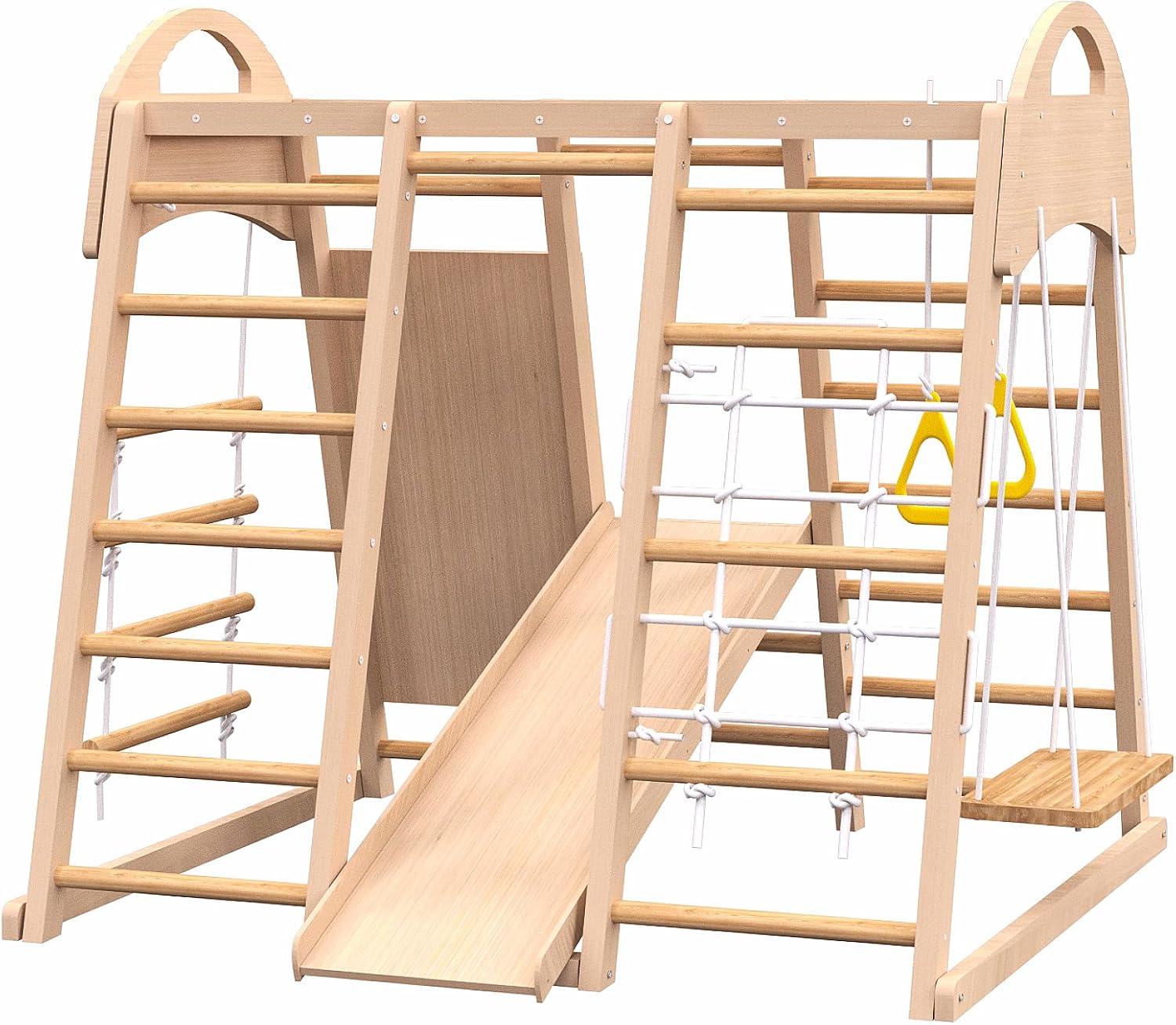 Indoor Playground 7 in 1 Jungle Gym Playset for 2 6yrs Slide, Climbing Wall, Rope Wall Climber, Monkey Bars, Swing Waldorf and Montessori Style Wooden Climb Set.
