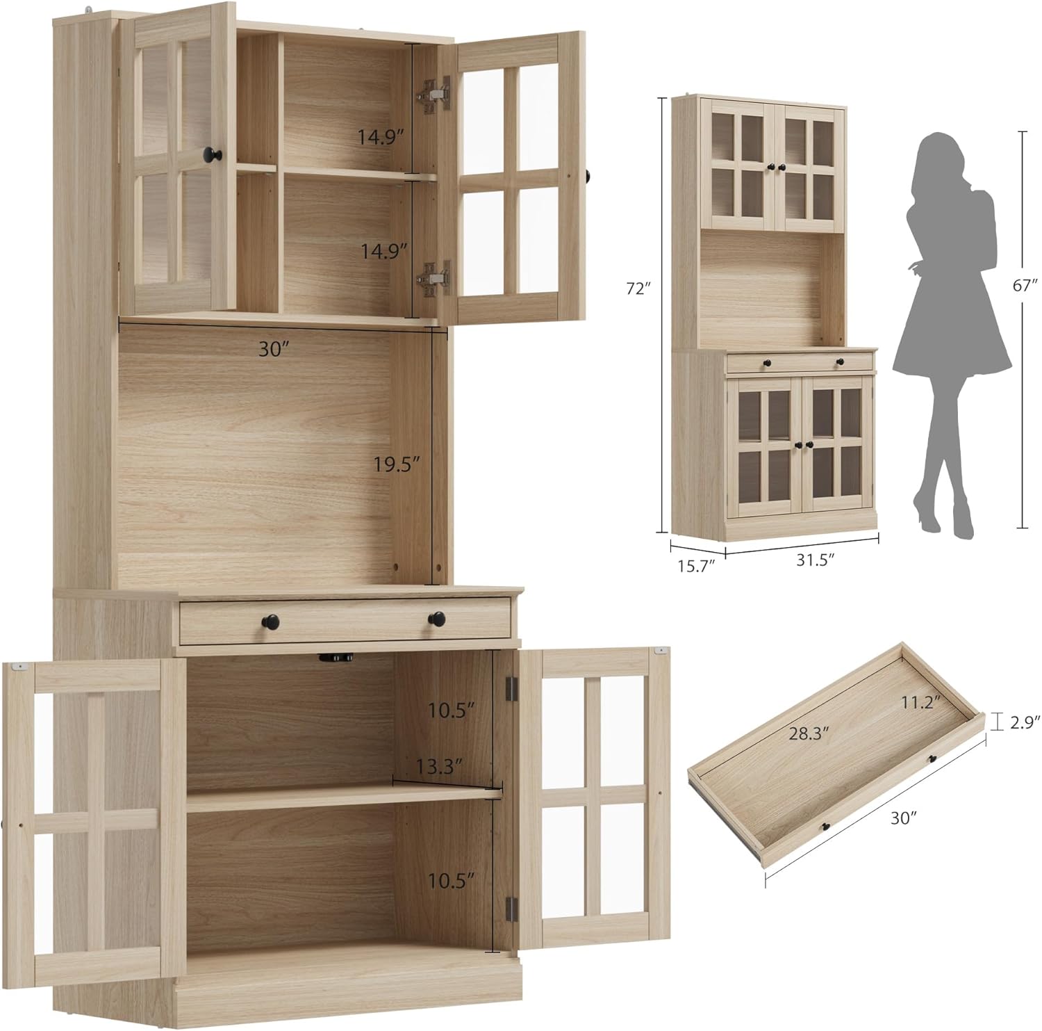 IDEAHOUSE 72 Inch Kitchen Pantry Cabinet with Glass Doors, Drawer and Adjustable Shelves, Farmhouse Tall Storage Cabinet with Open Countertop, Wood