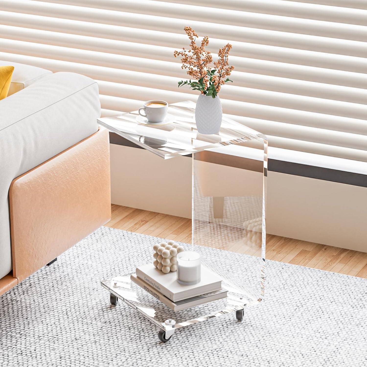 Acrylic C Table with Wheels, 2-Tier Mobile Side Table for Small Spaces, Sofa/Couch End Table, Clear Drink Table, Modern Laptop Stand for Living Room Bedroom, 13.8" L x 13" W x 22" H
