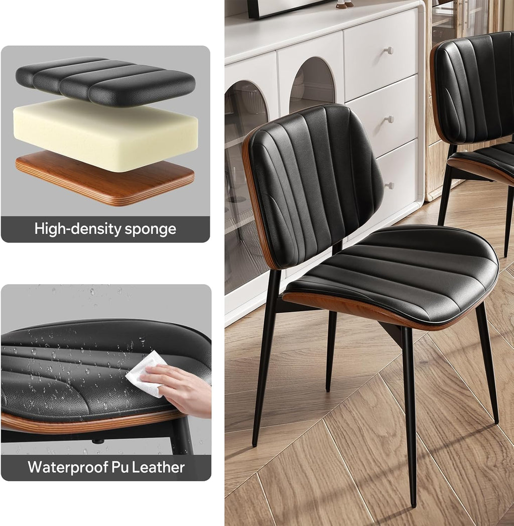 Dining Chairs Set of 4, Mid Century Modern Dining Room Chairs, Upholstered Faux Leather Kitchen Chairs with Walnut Bentwood Back and Metal Legs for Kitchen Dining Room Living Room, PU Black
