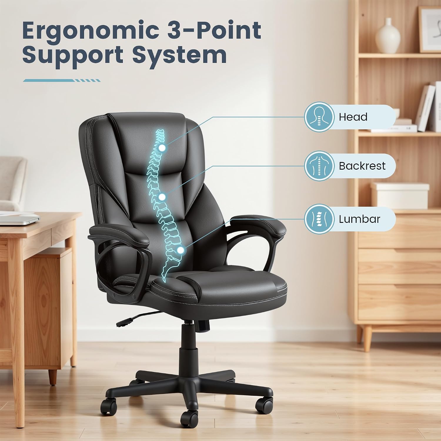 Patiowell Executive Office Desk Chair Ergonomic Big and Tall Managerial Chair, PU Leather High Back Home Office Computer Chair with Lumbar Support (Black)