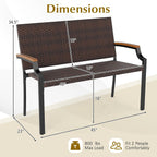 Tangkula Stackable Patio Wicker Loveseat Bench, 2-Person Rattan Outdoor Bench with Acacia Wood Armrests & Metal Frame, Rattan Conversation Furniture for Backyard, Garden, Balcony, Porch (1,Mix Brown)