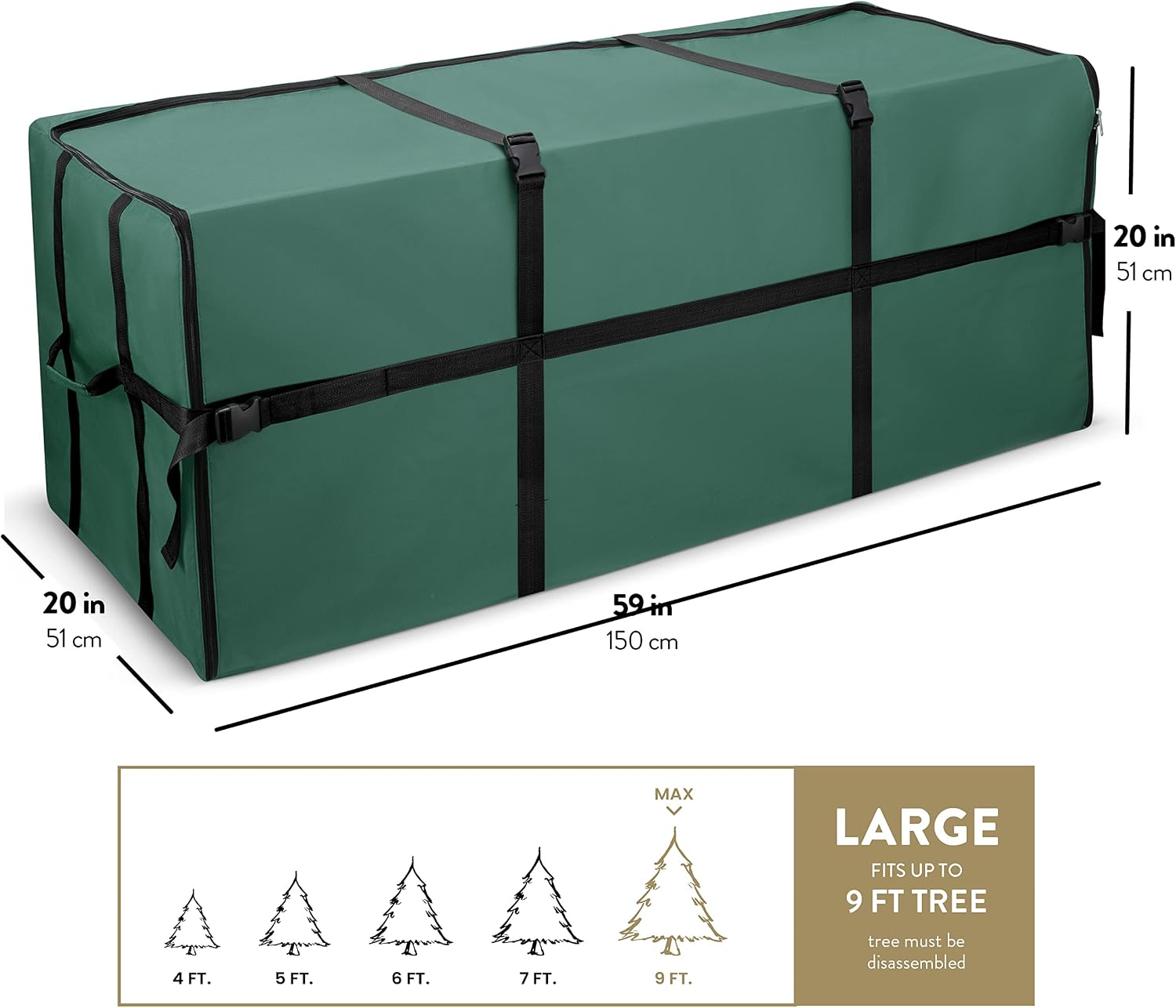 ZOBER Wide Christmas Tree Storage Bag - Maximum Accessibility - Fits 9 Ft Trees - 600D Oxford Fabric Christmas Tree Bag For Storage Box For Xmas - Strong, Durable Straps & Handles - Card Slot - Green