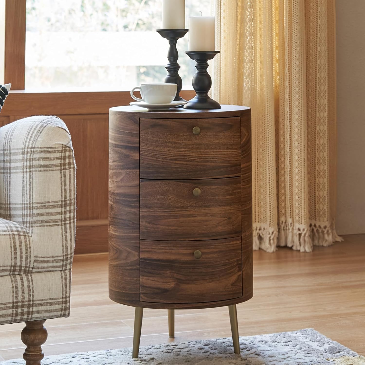 Mid Century Modern Round End Table with 3 Drawers, Small Wood Side Table with Flared Metal Legs and Vintage Knobs, Versatile Accent Beside Table for Living Room, Walnut