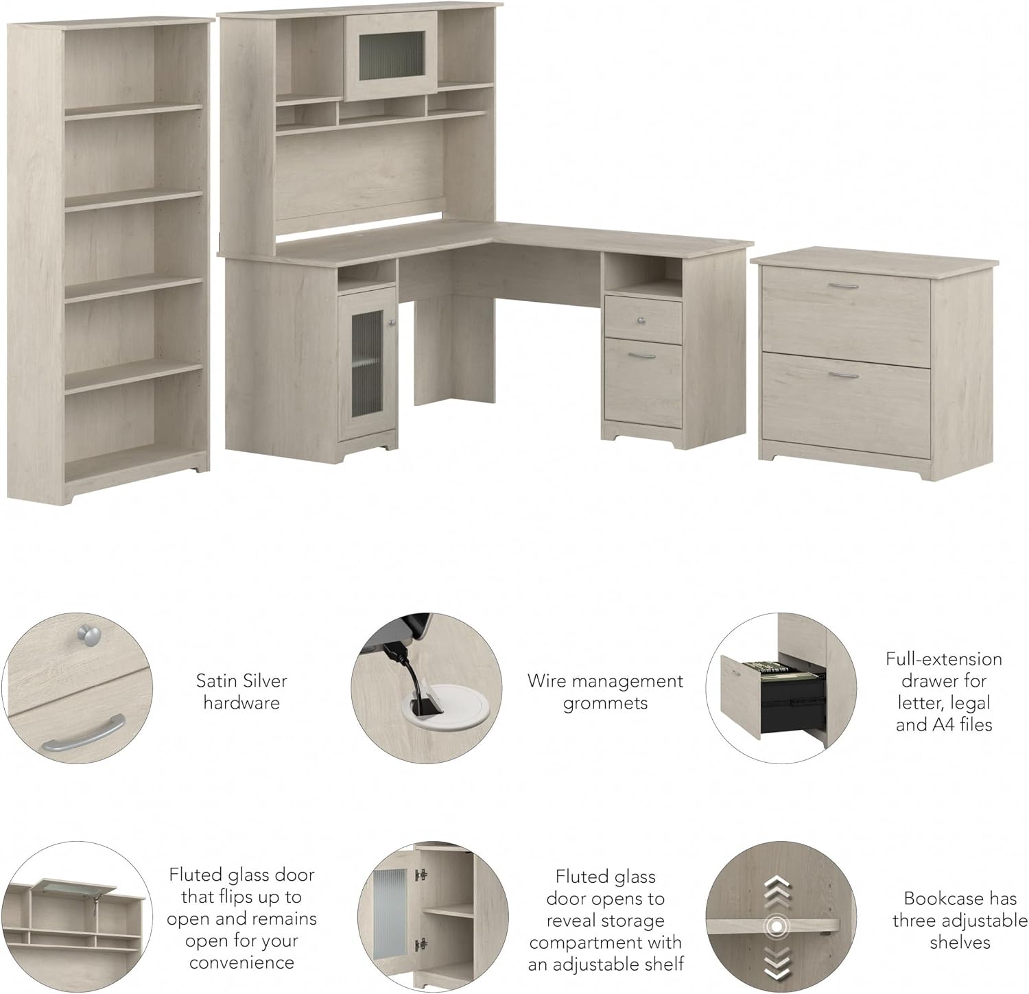 Bush Furniture L Shaped Desk with Hutch, 5 Shelf Bookcase and Lateral File Cabinet | Cabot Collection Corner Computer Table with Storage and Bookshelf | 60Wx23DX37W