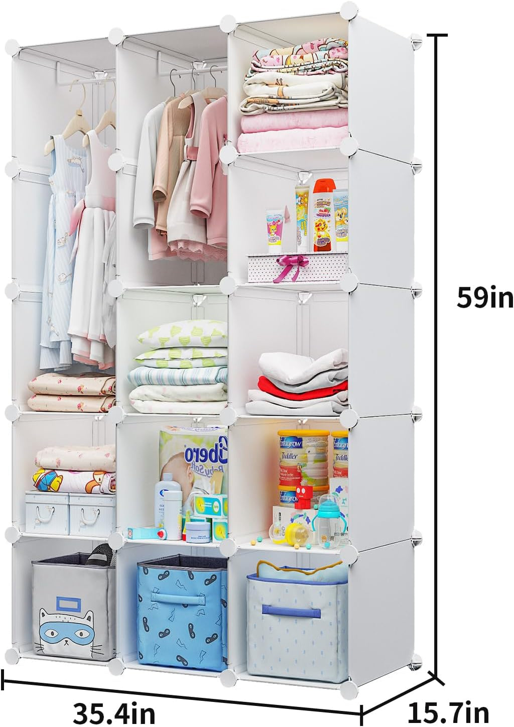 Modular Baby Wardrobe Closet, Portable Children Organizers and Storage for Nursery,15 Cubes with Hanging Rods,Multi-Functional Kids Storage Shelf-Bedroom Clothes Armoire (Boys & Girls)
