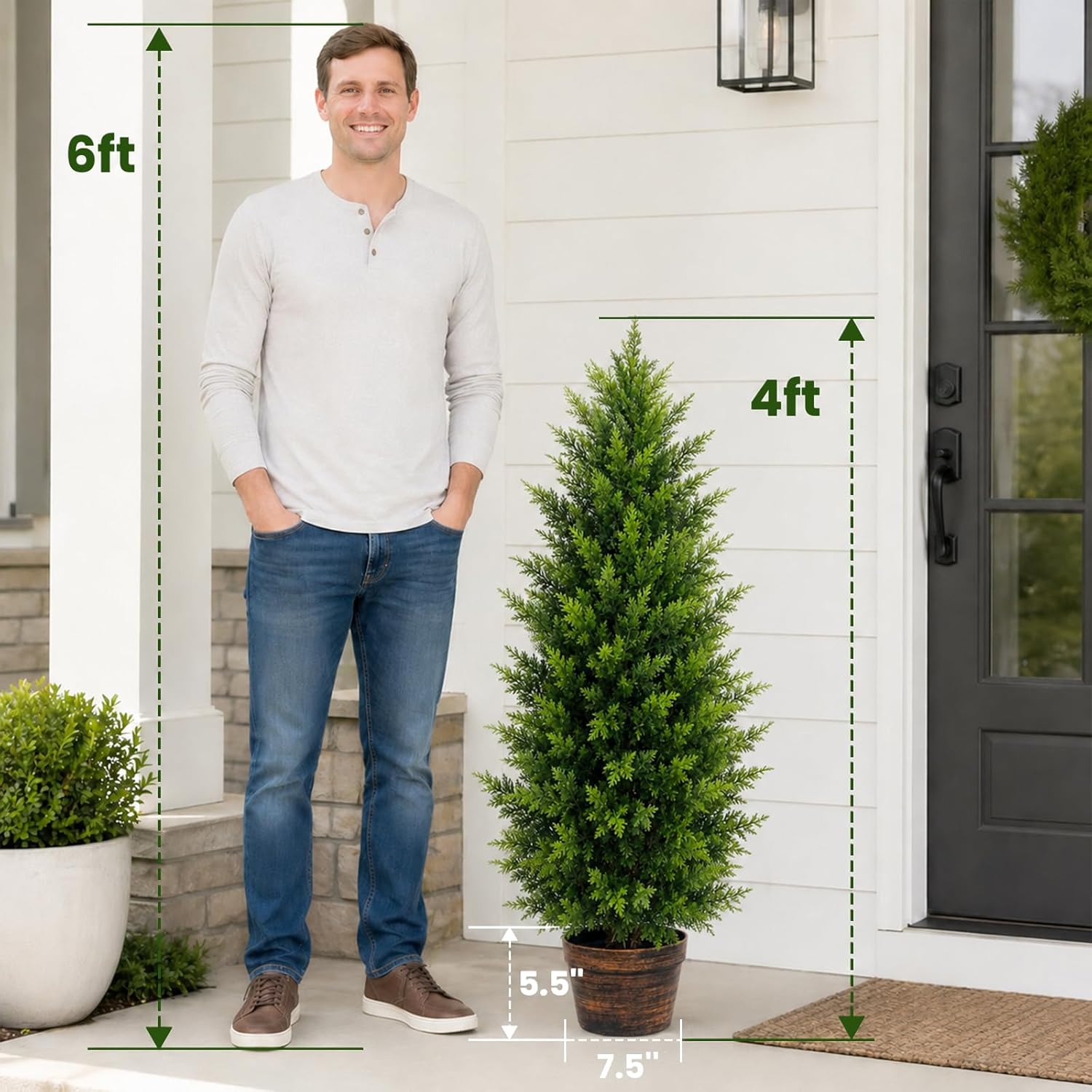 4FT Artificial Topiary Cedar Trees Outdoor, Realistic Faux Pine Shrubs Plants, UV Resistant Fake Evergreen Plants for Front Porch Decor, Artificial Bushes Cypress for Home Offices, Set of 2