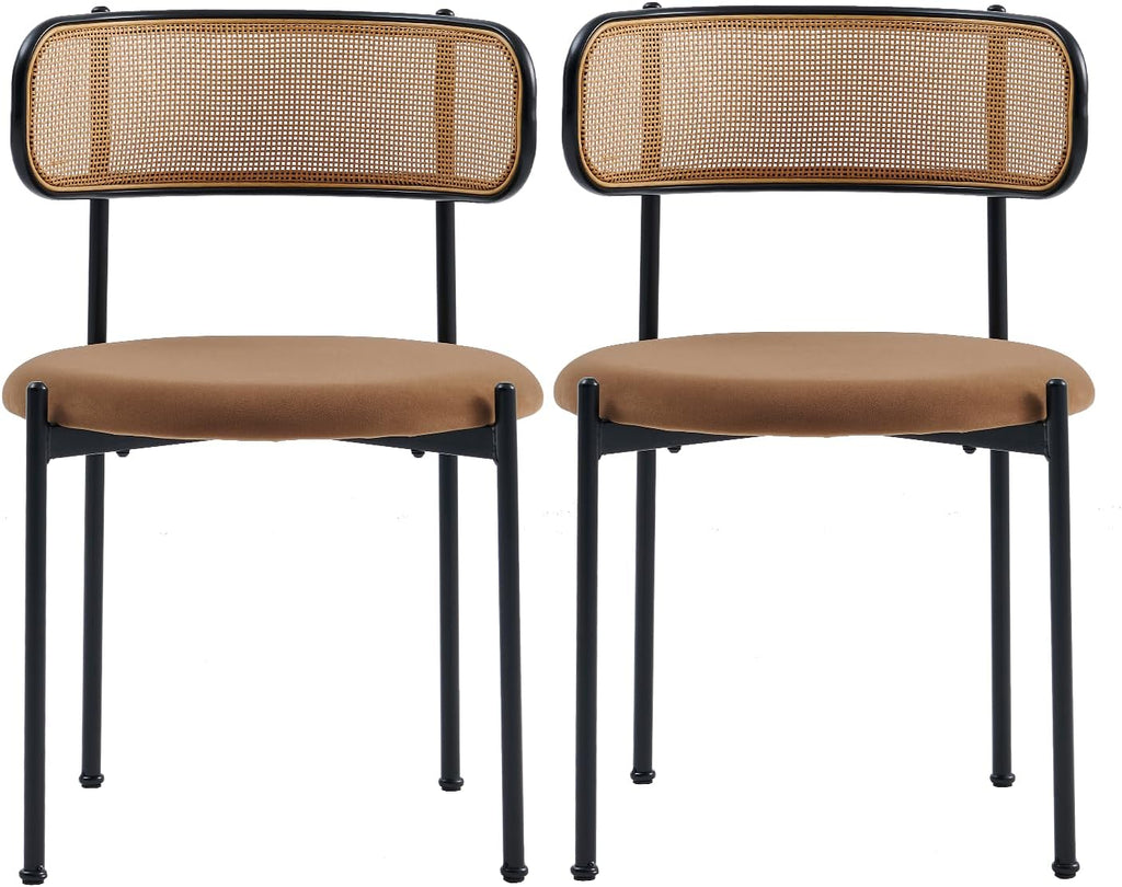 Rattan Dining Chairs Set of 2, Mid Century Modern Dining Chairs with Cane Back and Boucle Upholstered Seat, Farmhouse Kitchen Chairs for Dining Room and Living Room, Brown