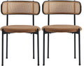 Rattan Dining Chairs Set of 2, Mid Century Modern Dining Chairs with Cane Back and Boucle Upholstered Seat, Farmhouse Kitchen Chairs for Dining Room and Living Room, Brown