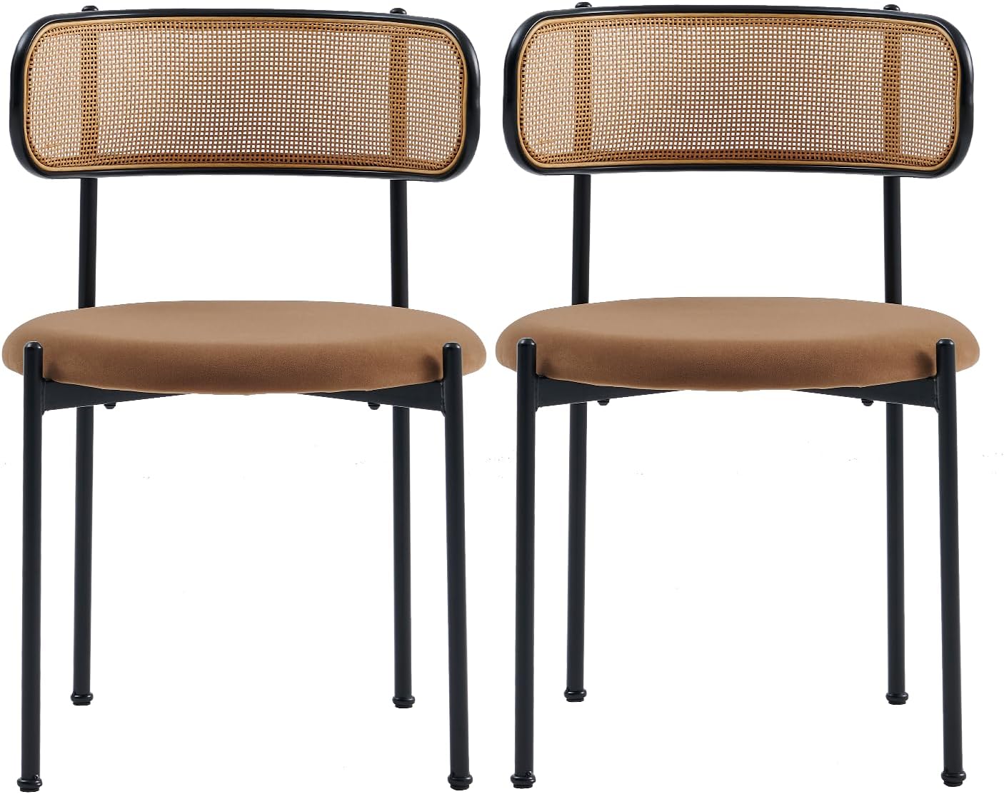 Rattan Dining Chairs Set of 2, Mid Century Modern Dining Chairs with Cane Back and Boucle Upholstered Seat, Farmhouse Kitchen Chairs for Dining Room and Living Room, Brown