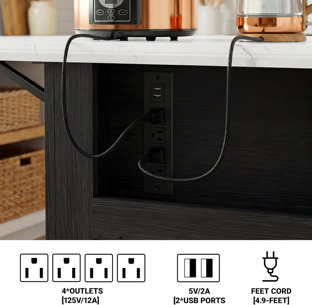 40“ L Black Kitchen Island with A 14.5” W Folding Faux Marble Tabletop, Wooden Kitchen Island with Power Outlet, Storage Cabinet & Drawer and Open Adjustable Shelving