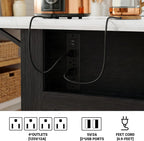 40“ L Black Kitchen Island with A 14.5” W Folding Faux Marble Tabletop, Wooden Kitchen Island with Power Outlet, Storage Cabinet & Drawer and Open Adjustable Shelving