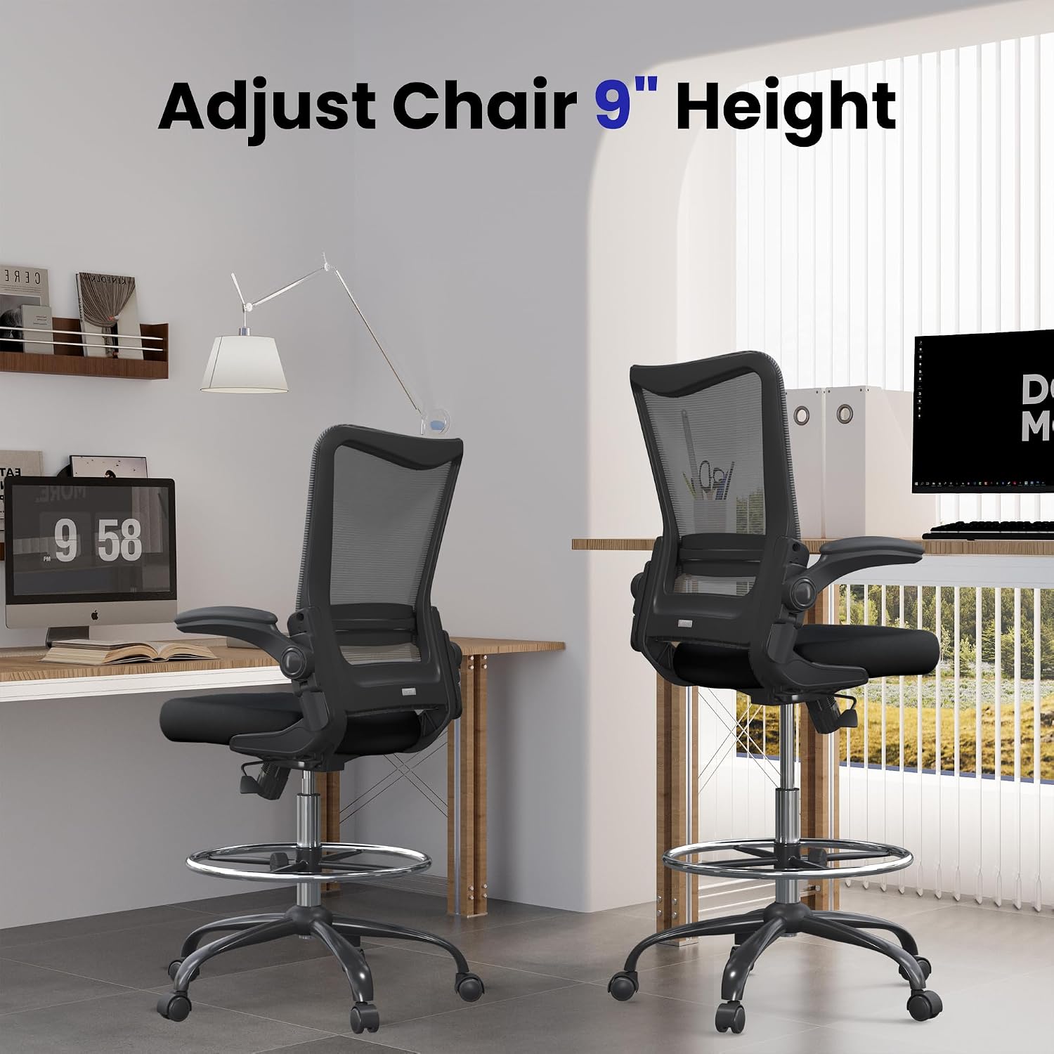 Drafting Chair Tall Office Chair for Standing Desk with Up & Down Flip-Up Armrest, 9” Adjustable Height High Desk Chair with Footrest Ring, 120° Recline Mesh Ergonomic Chair, 300 lbs