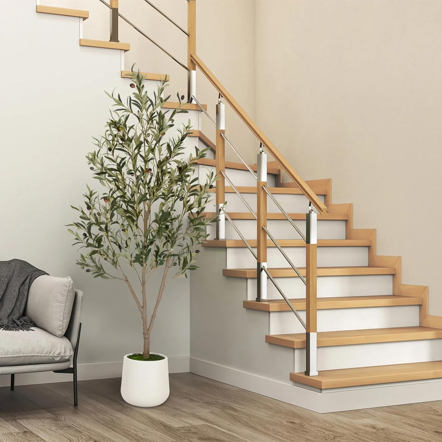 5FT Artificial Olive Tree Indoor Tall Faux Olive Trees with White Planter Natural Wood Trunk and Lifelike Fruits Potted Realistic for Home Office Living Room Decor