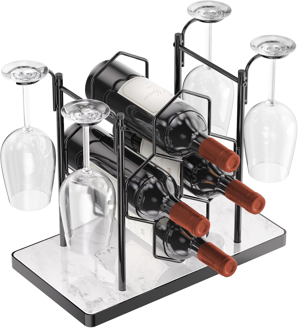 Countertop Wine Rack,Freestanding Modern Metal Small Wine Rack for 4 Wine Bottles and 4 Glasses,3 Tier Tabletop Wine Holder Stand for Cabinet, Pantry, Wine Bottle Storage