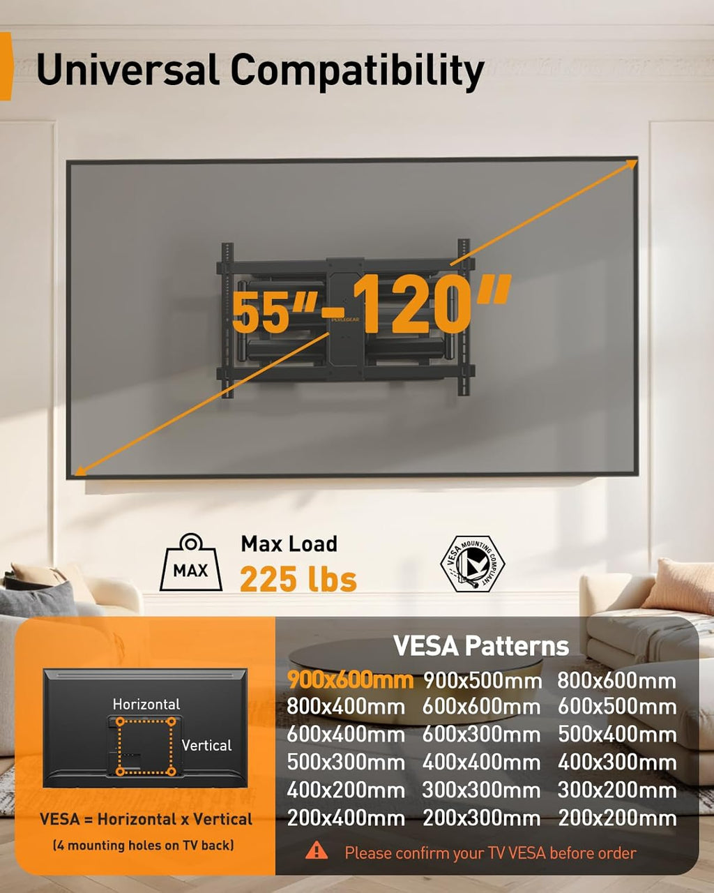 Perlegear TV Wall Mount for 55-65 75 85 90 98 100 120 Inch TVs, Heavy Duty TV Mount Fits 24″/18″/16″Wood Studs, Preassembled Full Motion TV Mount up to 225lbs, Max VESA 900x600mm, PGXLF03B