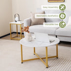 COSTWAY Coffee Table Set of 3, Round Faux Marble Coffee Table and 2 Square End Side Tables with Metal Frame, Modern 3-Piece Living Room Tables Set for Small Space, Apartment (White & Gold)