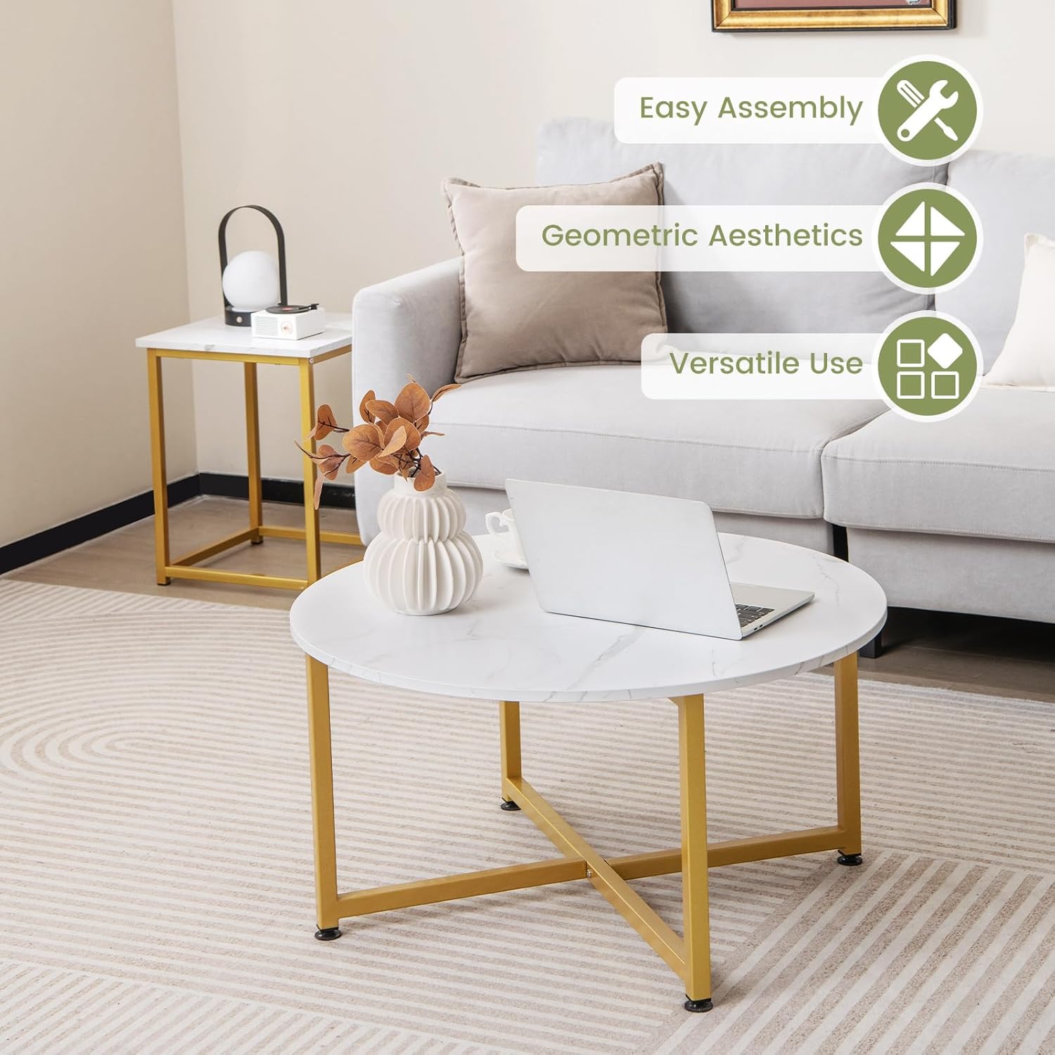 COSTWAY Coffee Table Set of 3, Round Faux Marble Coffee Table and 2 Square End Side Tables with Metal Frame, Modern 3-Piece Living Room Tables Set for Small Space, Apartment (White & Gold)