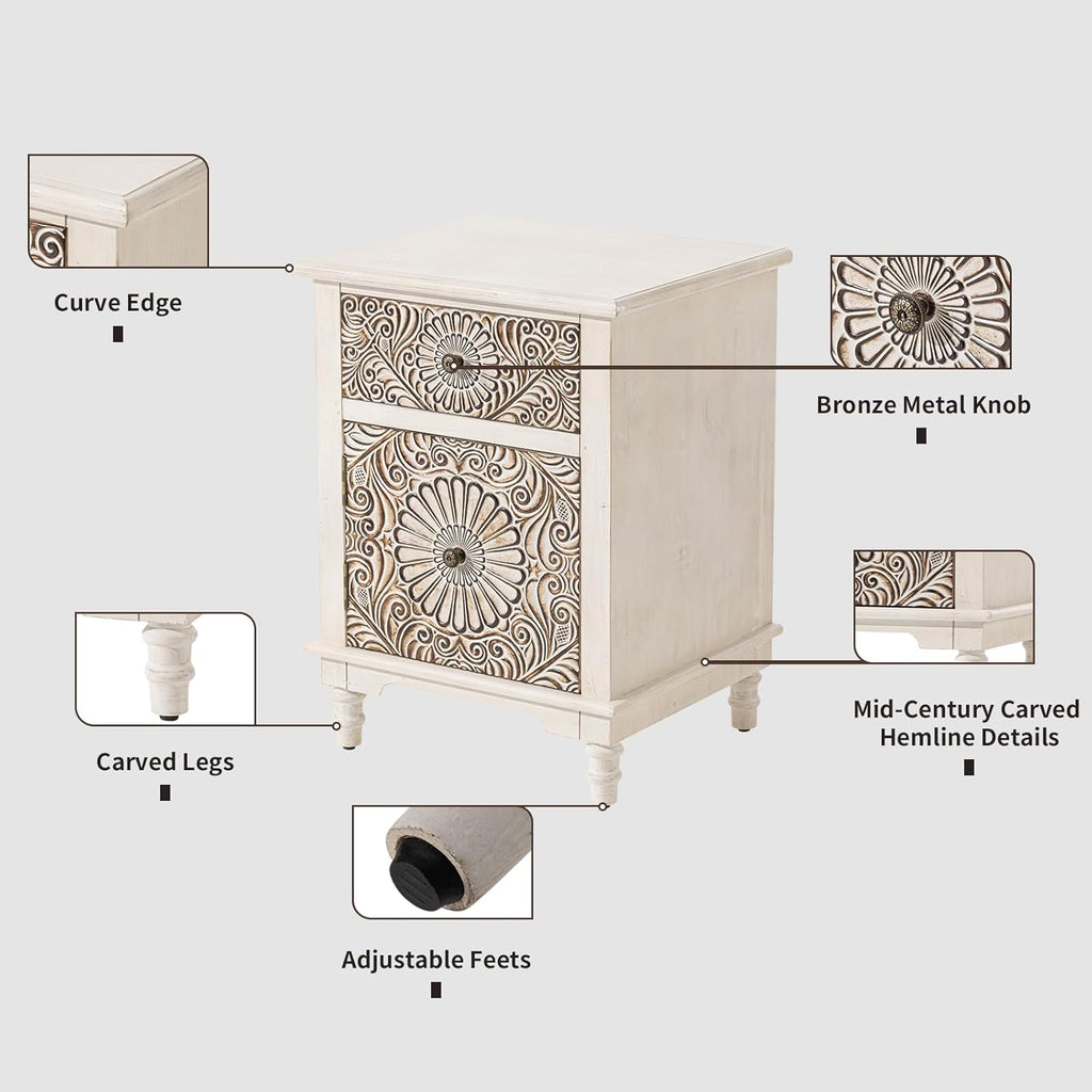 HOMPUS Night Stand Set 2, Vintage Nightstand with Storage, White Nightstand with Flower Pattern, Accent End Table, Bedside Table for Farmhouse, Bedroom, Light Grey Grain