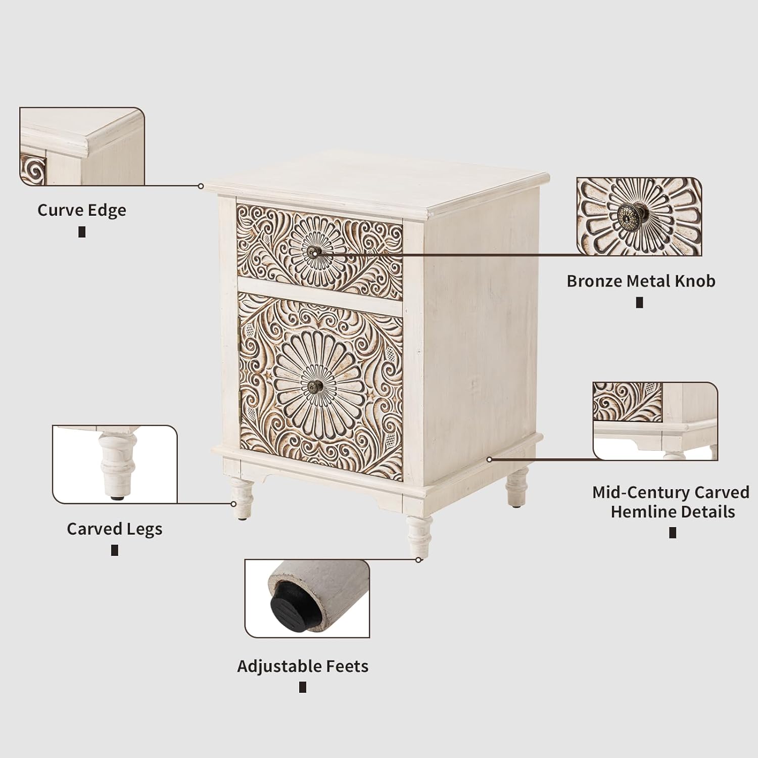HOMPUS Night Stand Set 2, Vintage Nightstand with Storage, White Nightstand with Flower Pattern, Accent End Table, Bedside Table for Farmhouse, Bedroom, Light Grey Grain