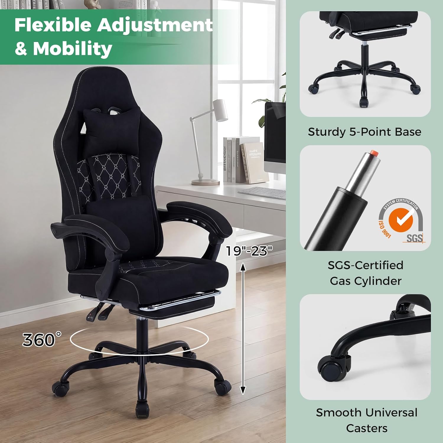 Goplus Gaming Chair, Ergonomic Office Chair with Foot Rest, Lumbar Support, Linkage Armrests, Detachable Headrest, 360°Swivel Computer Chair w/Adjustable Backrest & Height, 330 lbs Capacity (Black)