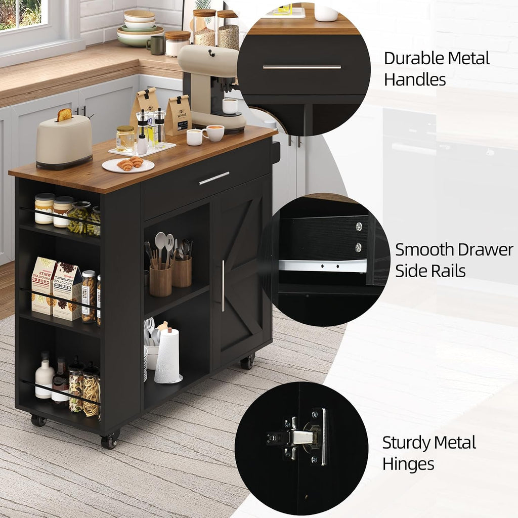 4 EVER WINNER 39" Rolling Kitchen Island with Storage and Drawer, Farmhouse Kitchen Island on Wheels with 3-Tier Spice Rack, Adjustable Shelf & Towel Rack, Mobile Kitchen Cart for Small Space, Black