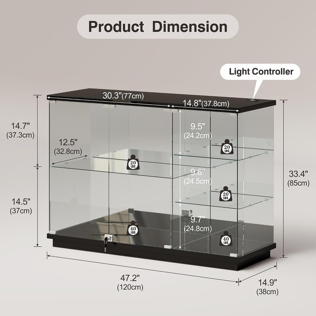 Lvifur RGB Glass Display Cabinet - with Lock, High Gloss Sideboard with Human Body Sensor & Glass Shelves for Toys, Books, Collectibles, Liquor, Bookcase for Living Room, Kitchen, Study, Black