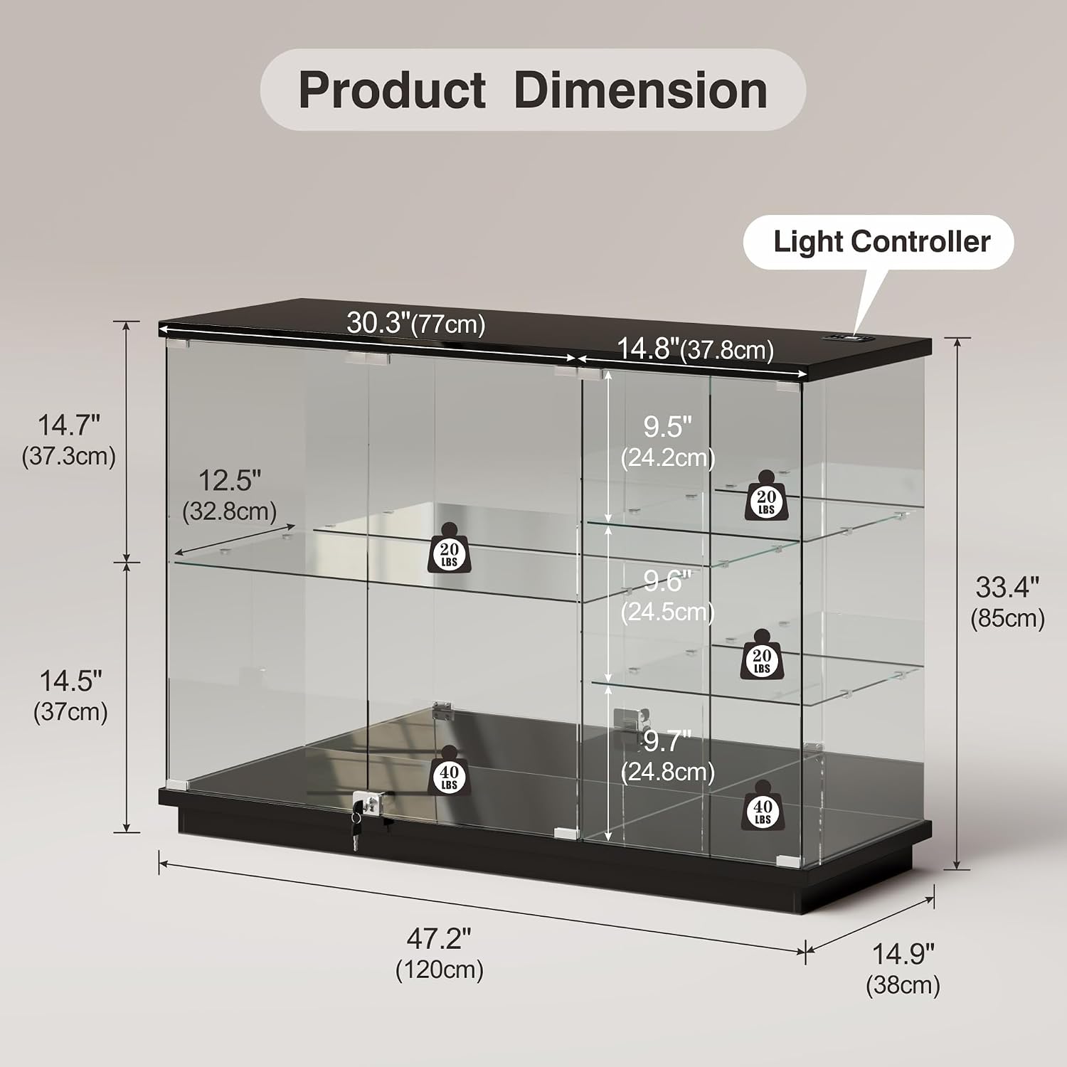 Lvifur RGB Glass Display Cabinet - with Lock, High Gloss Sideboard with Human Body Sensor & Glass Shelves for Toys, Books, Collectibles, Liquor, Bookcase for Living Room, Kitchen, Study, Black