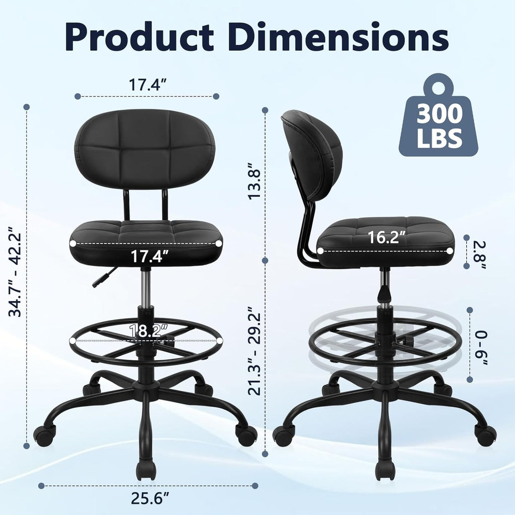 KLASIKA Drafting Stool with Backrest, Tall Adjustable Height Office Chair, PU Leather Swivel Rolling Stool with Footrest & Wheels for Standing Desk, Bar, Salon, Spa, Lab, Counter, Home, Black，1PK