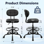 KLASIKA Drafting Stool with Backrest, Tall Adjustable Height Office Chair, PU Leather Swivel Rolling Stool with Footrest & Wheels for Standing Desk, Bar, Salon, Spa, Lab, Counter, Home, Black，1PK