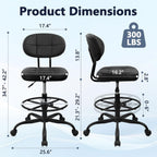 KLASIKA Leather Drafting Stool Chair with Ergonomic Backrest & Footrest, Adjustable Height 360° Swivel Rolling Stools, Tall Padded Seat Office Chair for Standing Desk, Shop, Drawing, Black, 2 Pack