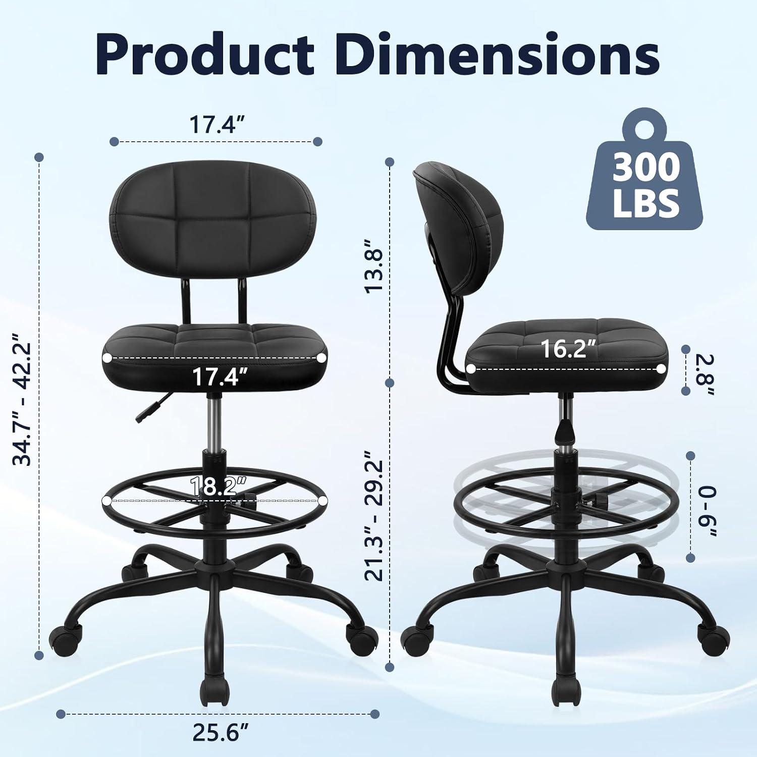KLASIKA Leather Drafting Stool Chair with Ergonomic Backrest & Footrest, Adjustable Height 360° Swivel Rolling Stools, Tall Padded Seat Office Chair for Standing Desk, Shop, Drawing, Black, 2 Pack