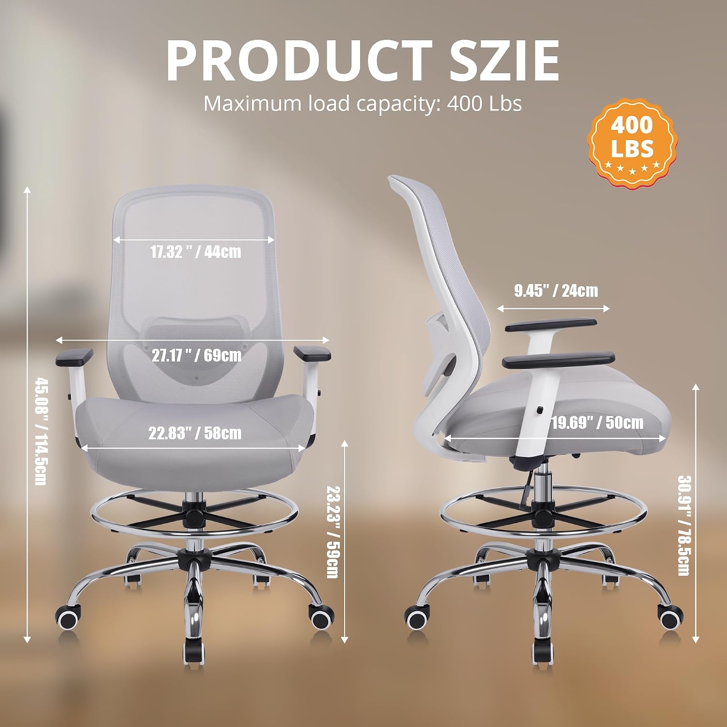 Office Drafting Chair, Tall Height Adjustable Ergonomic Office Chair with Footrest, High Back Desk Chair with Flip-up Armrests and Lumbar Support