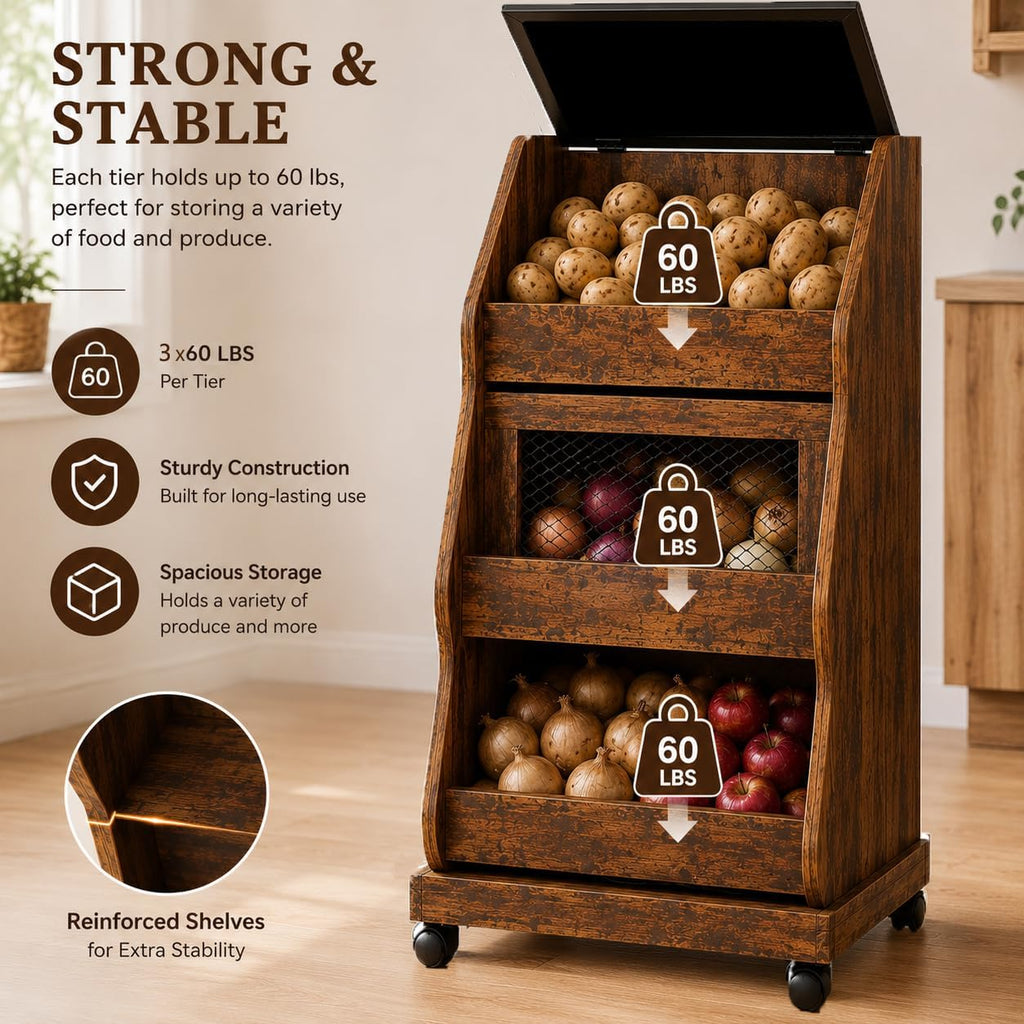 Rustic Farmhouse Pantry Cabinet with Wheels, Wooden Kitchen Storage Organizer for Potatoes, Onions and Bread, Rolling Produce Storage Cabinet for Fruits, Vegetables and Snacks