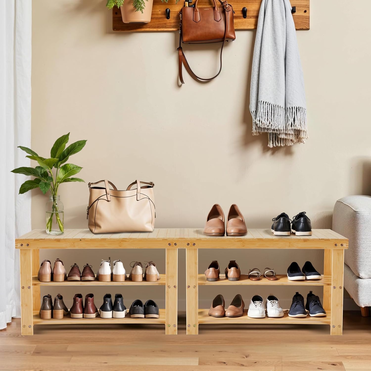 Simple Deluxe Bamboo Shoe Rack Bench, 3 Tier Sturdy Shoe Bench, Storage Shoe Organizer, 286lb Capacity Entryway Bench,Storage Bench for Front Door, Bedroom, Living Room, Bathroom, Balcony