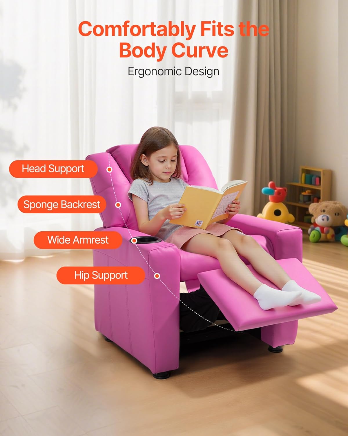 VEVOR Kids Recliner, Toddler Recliner with Cup Holder, 101° to 121° Adjustable Backrest, Push Back PU Leather Kids Reclining Chair Couch with Footrest & 90 lbs Load, Ideal for Child Ages 1-6, Pink