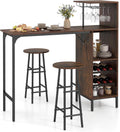 COSTWAY 3 Pieces Bar Table and Chair Set, Industrial Pub Table & Stools with Wine Glass Holders & 6-Bottle Wine Racks, Counter Height Dining Table Set for Living Room Dining Room Kitchen (Coffee)