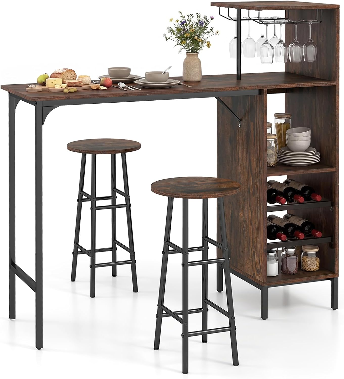 COSTWAY 3 Pieces Bar Table and Chair Set, Industrial Pub Table & Stools with Wine Glass Holders & 6-Bottle Wine Racks, Counter Height Dining Table Set for Living Room Dining Room Kitchen (Coffee)