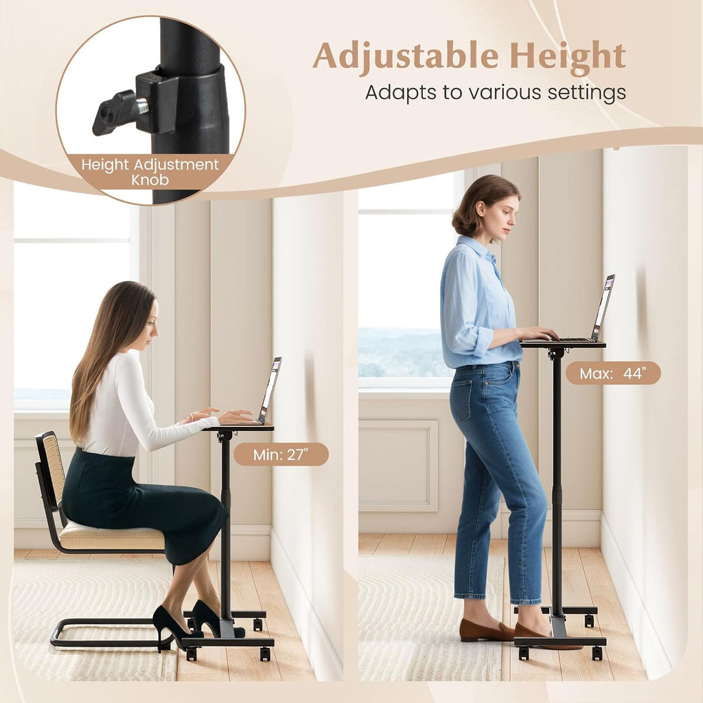 GOFLAME C-Shaped End Table Adjustable Height, Rolling Couch Sofa Side Table with 360° Tilting Top, Edge Stopper & Lockable Wheels, Modern 360° Swivel TV Tray Tables for Living Room, Bedroom (Brown)