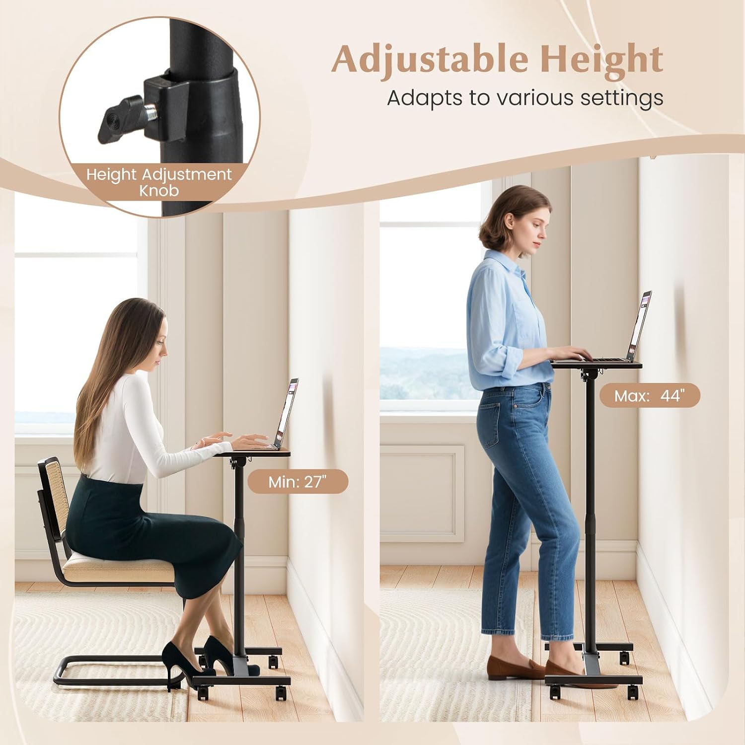 GOFLAME C-Shaped End Table Adjustable Height, Rolling Couch Sofa Side Table with 360° Tilting Top, Edge Stopper & Lockable Wheels, Modern 360° Swivel TV Tray Tables for Living Room, Bedroom (Brown)
