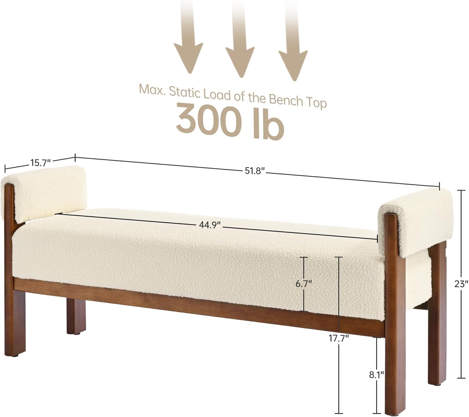 VKNOW End of Bed Bench, 51.8” Upholstered Bedroom Bench Indoor Bench with Solid Wood Frame, Modern Entryway Bench with Arms for Bedroom Living Room, Beige