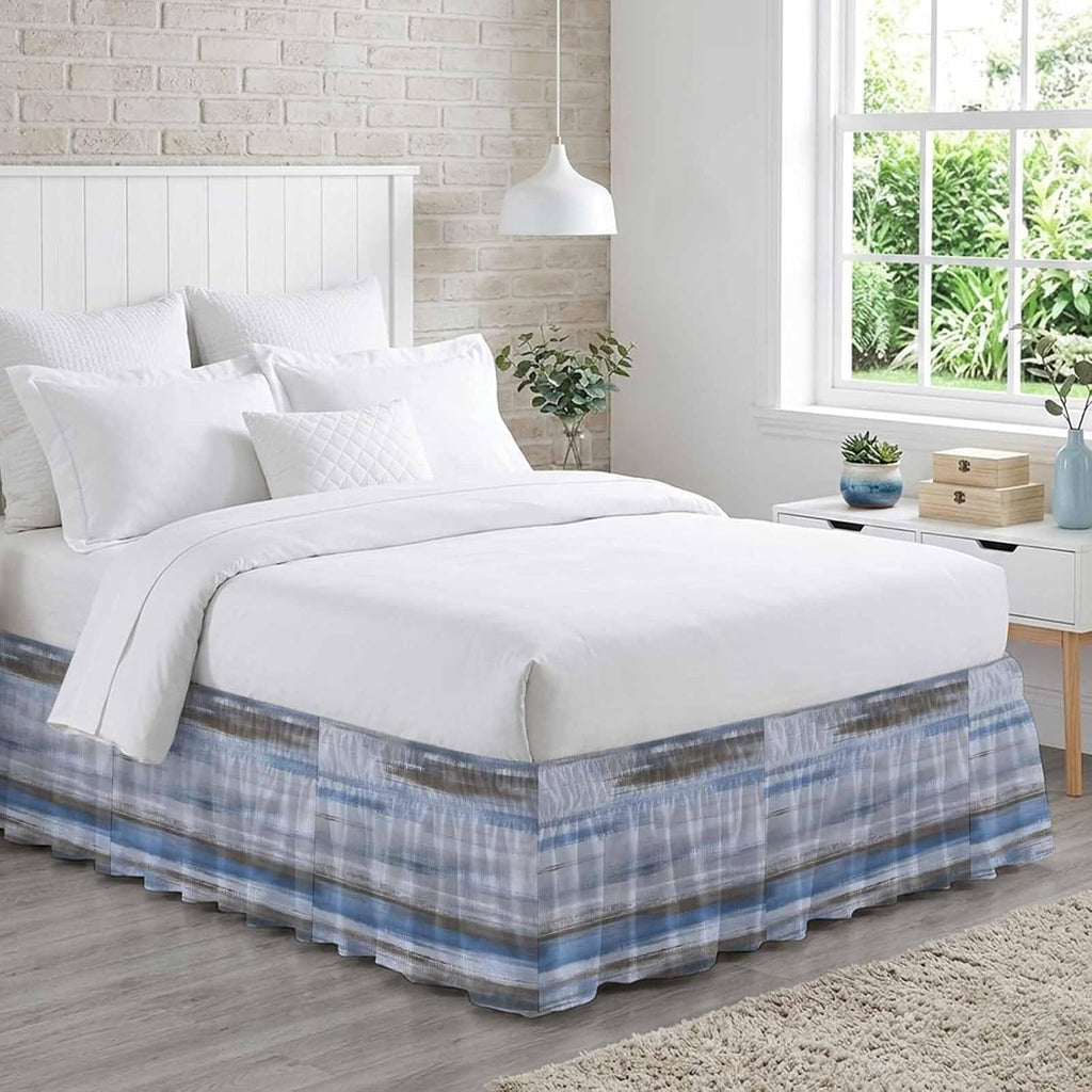 Grey Blue Paint Bed Skirt Queen Size 16" Drop Watercolor Abstract Light Blue Stripes Ruffled Wrap Around Bed Skirts Adjustable Elastic Bedskirt Dust Ruffle for Queen King California King Bed