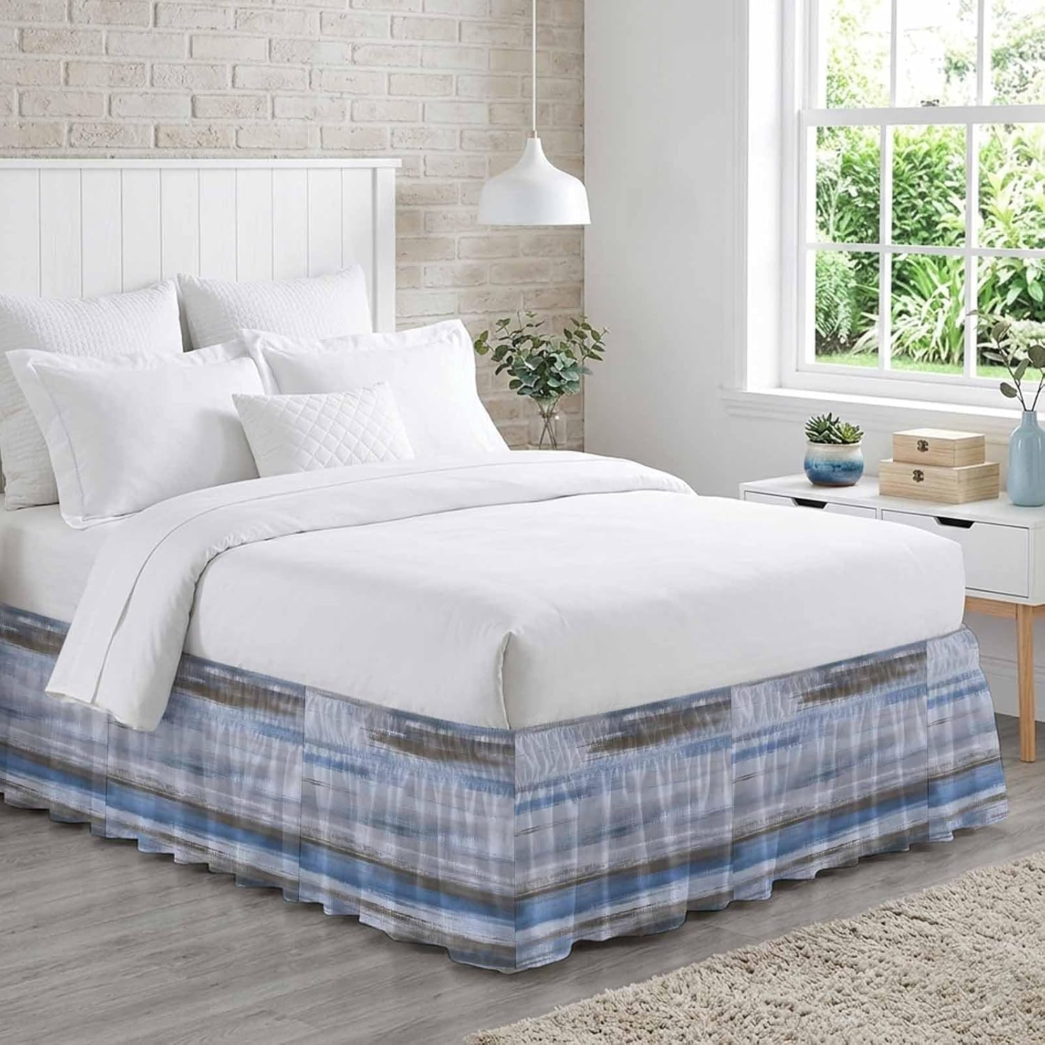 Grey Blue Paint Bed Skirt Queen Size 16" Drop Watercolor Abstract Light Blue Stripes Ruffled Wrap Around Bed Skirts Adjustable Elastic Bedskirt Dust Ruffle for Queen King California King Bed
