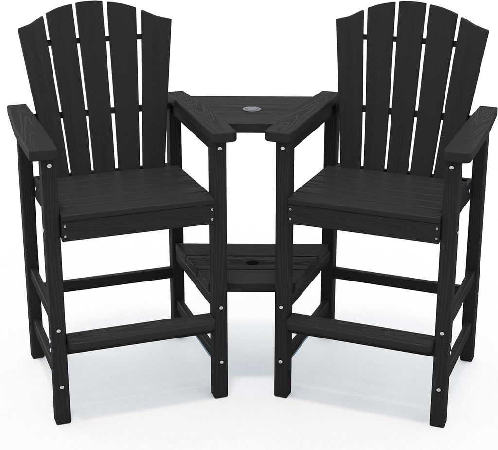 KINGYES Tall Adirondack Chair Set of 2 with Double Connecting Trays, Outdoor HDPE Adirondack Barstools, High Airondack Chair with Wood Grain, Embossed Balcony Chair for Backyard, Black
