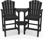 KINGYES Tall Adirondack Chair Set of 2 with Double Connecting Trays, Outdoor HDPE Adirondack Barstools, High Airondack Chair with Wood Grain, Embossed Balcony Chair for Backyard, Black