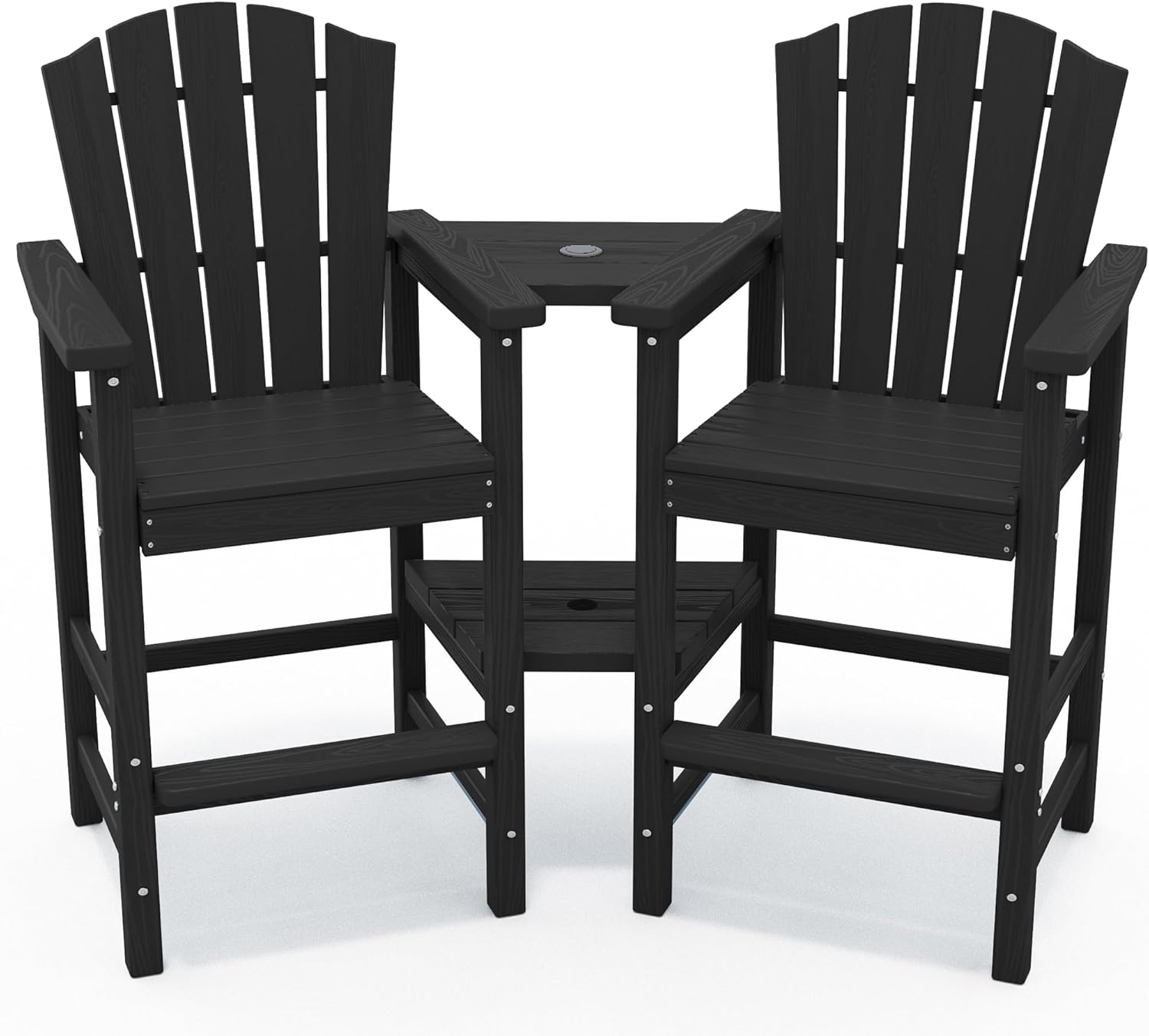 KINGYES Tall Adirondack Chair Set of 2 with Double Connecting Trays, Outdoor HDPE Adirondack Barstools, High Airondack Chair with Wood Grain, Embossed Balcony Chair for Backyard, Black