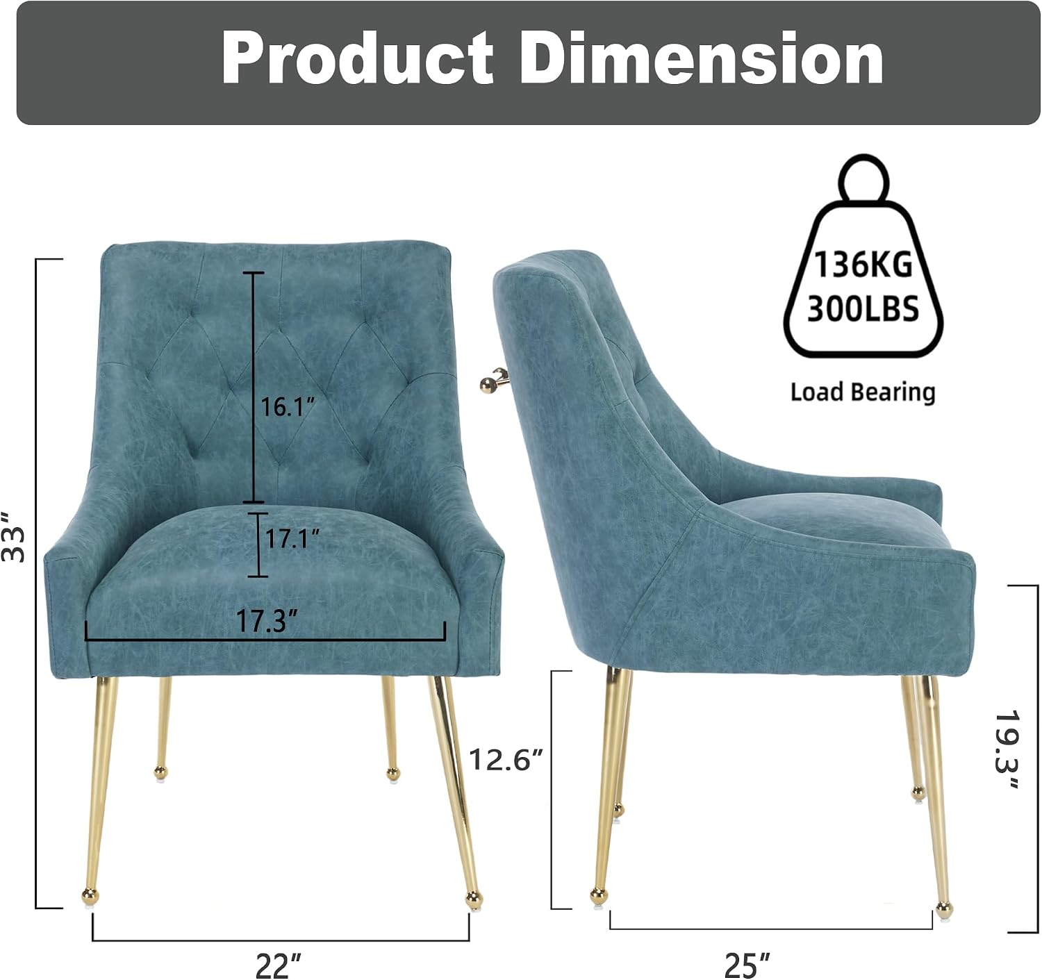 Dining Chairs Set of 6, Gold Leg Side Chair Faux Leather Vanity Mid-Century with Metal Legs Upholstered PU Leather Luxury Accent Chairs Living Room Restaurant